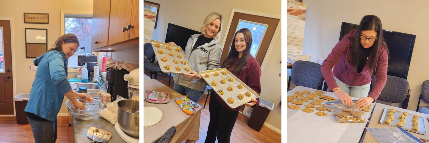 The OCS team bakes cookies for residents of Quiet Oaks Hospice House.
